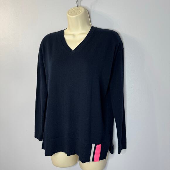 Lisa Todd Patch V-Neck Cotton/Cashmere Sweater Sequin Elbow Patches Navy XS - Picture 3 of 14